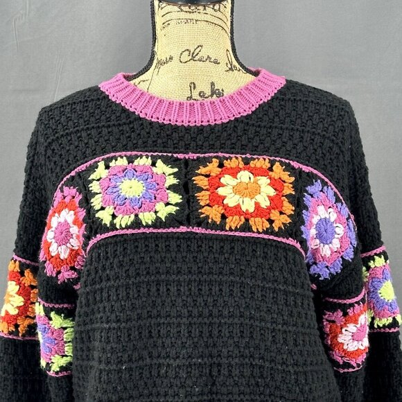 Forever 21 Sweater Women S Floral Cropped Boxy Knit Granny Square Hippie‎ Boho - Picture 2 of 6